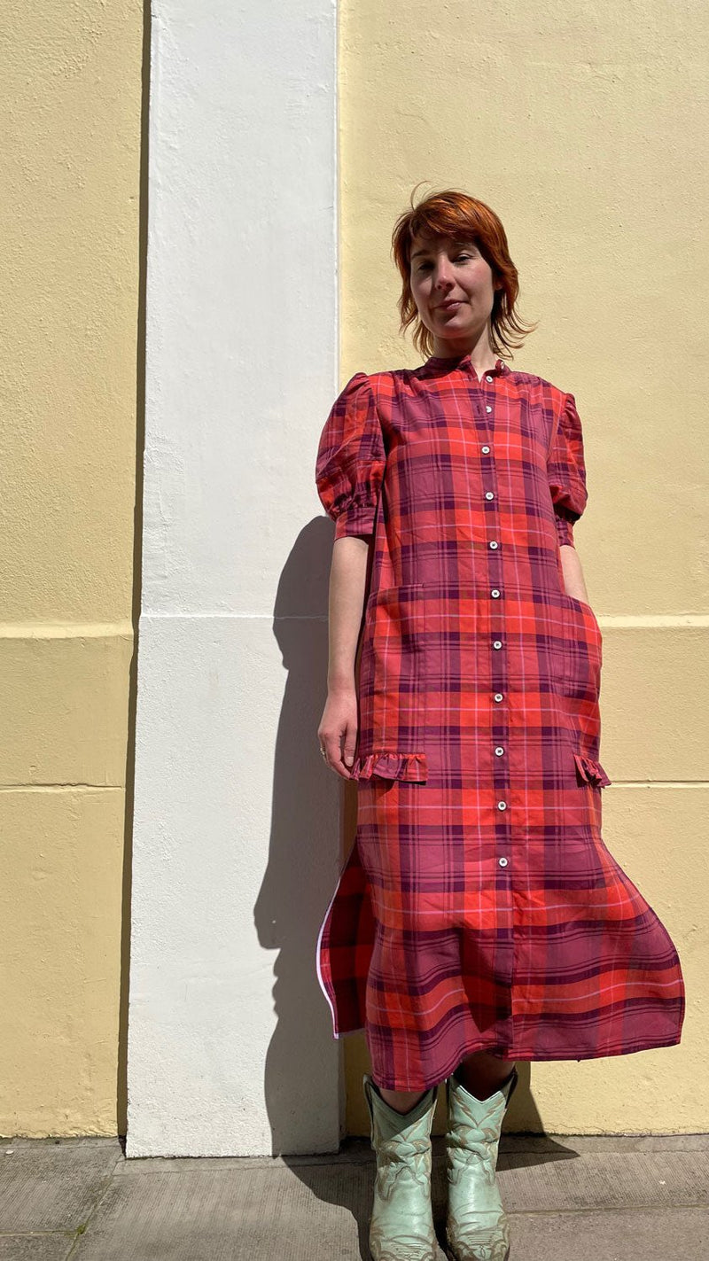 Rosa Puff Sleeve Shirtdress, Pink Coral Tartan Check