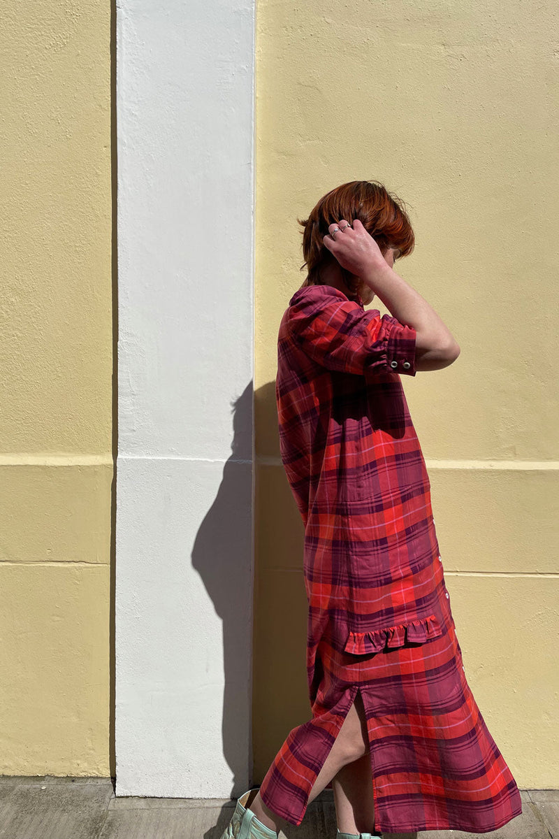 Rosa Puff Sleeve Shirtdress, Pink Coral Tartan Check