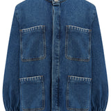 a blue denim jacket with a frill collar, white stitch detailing, button-up front, and four large pockets 
