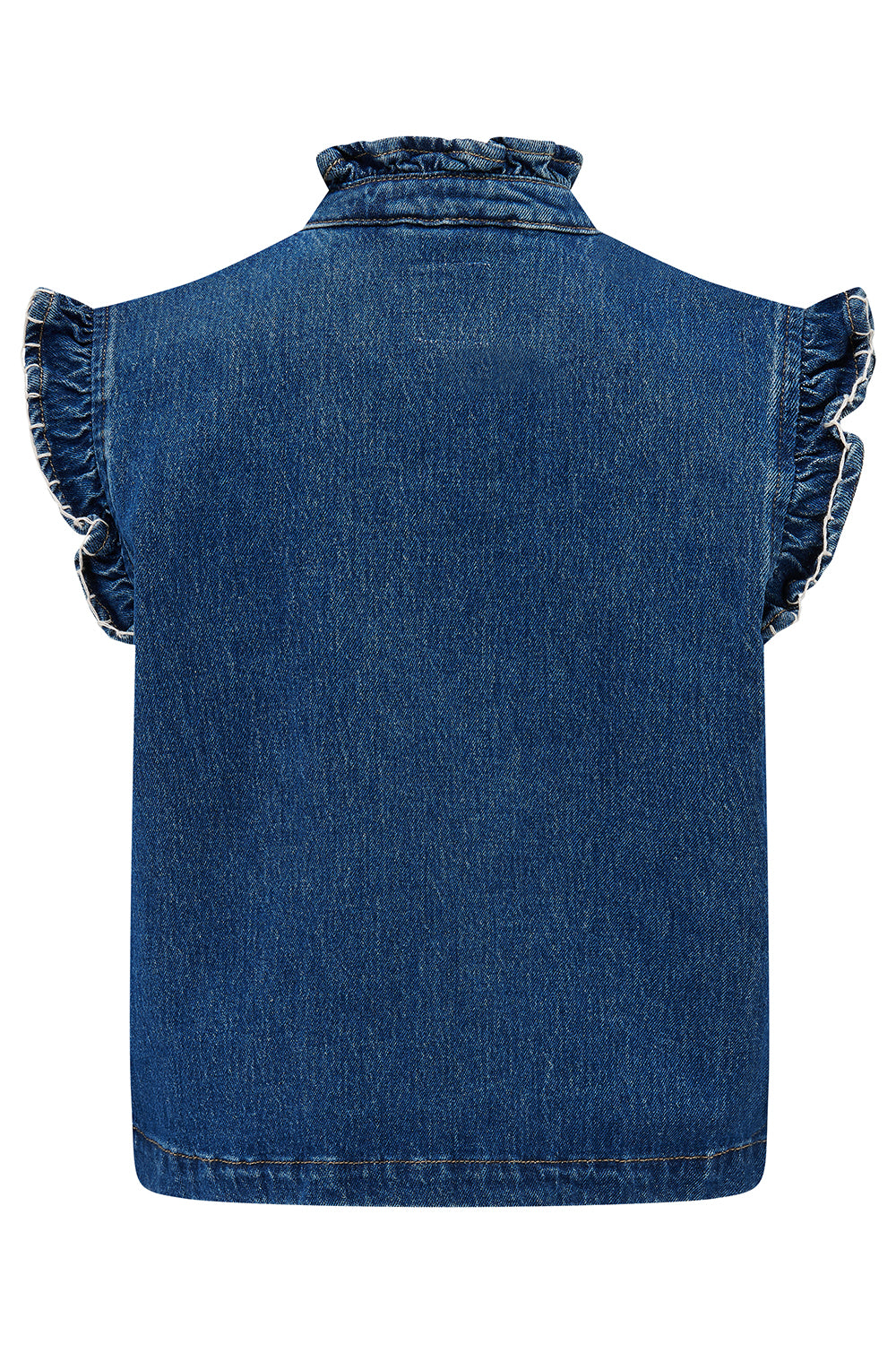 a blue denim vest/ waistcoat with our signature white stitch detailing, two large patch pockets, and a frill collar against a white background