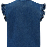 a blue denim vest/ waistcoat with our signature white stitch detailing, two large patch pockets, and a frill collar against a white background