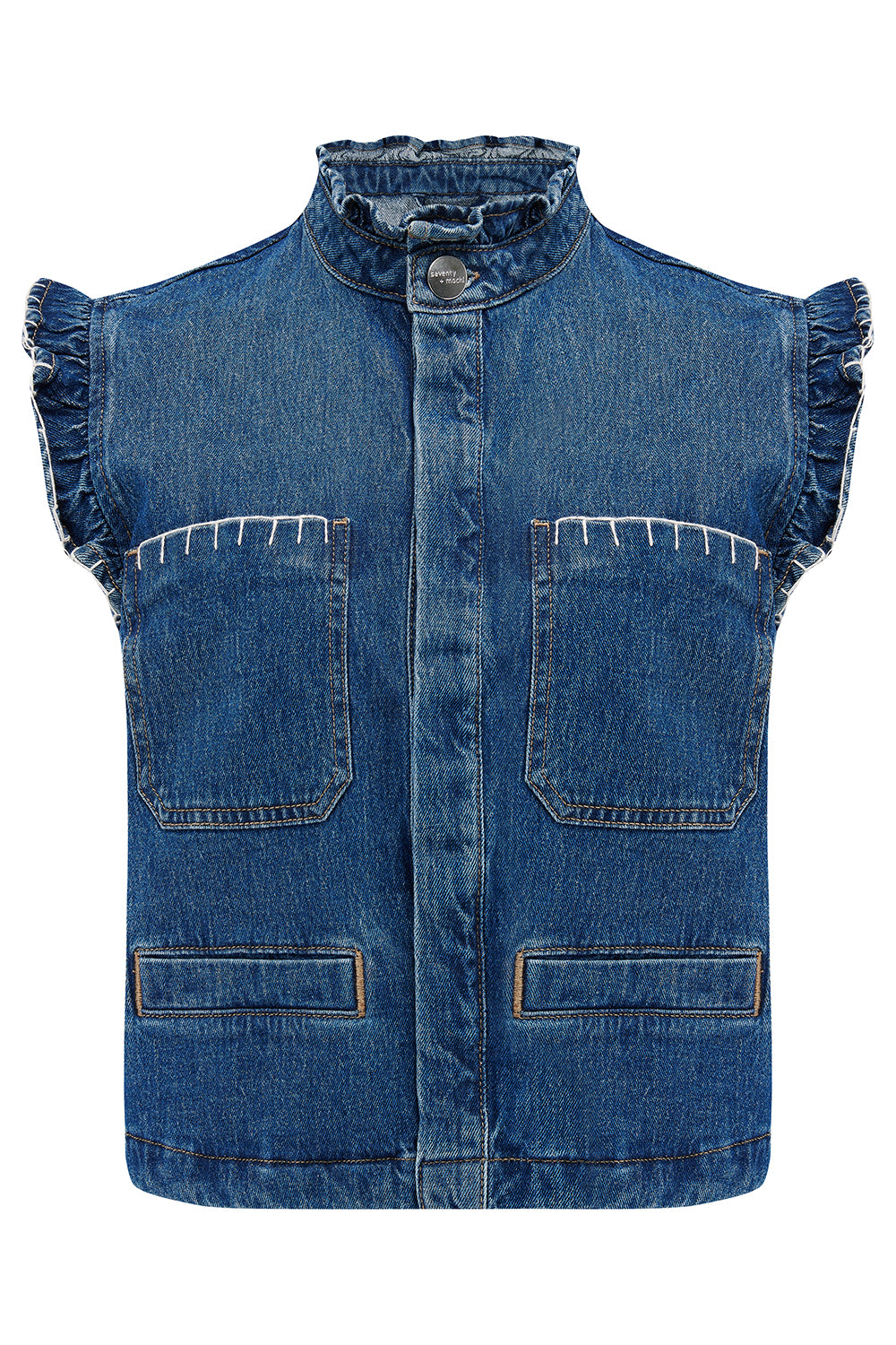 a blue denim waistcoat/ vest with our signature white stitch detailing, two large patch pockets, and a frill collar against a white background