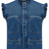 a blue denim waistcoat/ vest with our signature white stitch detailing, two large patch pockets, and a frill collar against a white background