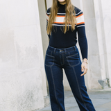 Cashmere Mix High Neck Jumper in Navy/Cream/Orange Stripe