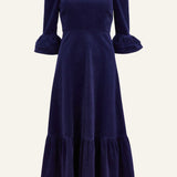 Victoria Round Neck Corduroy Midi Dress in Navy