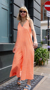 Seersucker Neon Orange Culotte Jumpsuit by Wild Clouds