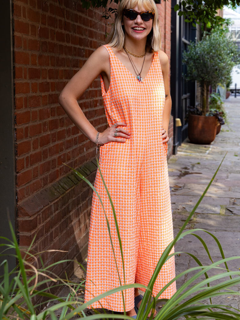 Seersucker Neon Orange Culotte Jumpsuit by Wild Clouds