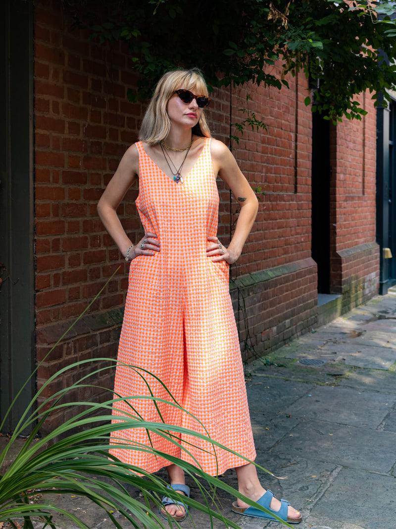 Seersucker Neon Orange Culotte Jumpsuit by Wild Clouds