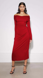 Ruched Off Shoulder Dress In Red by Albaray