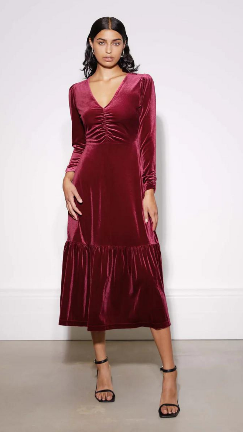 Velvet V Neck Midi Dress by Albaray