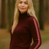 Cashmere Mix High Neck Jumper in Burgundy & Pink Checkerboard