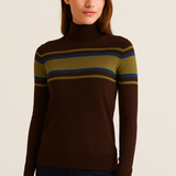 Cashmere Mix High Neck Jumper in Brown & Khaki Stripe