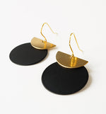 Brass Crescent And Black Disc Earrings by Brass And Bold