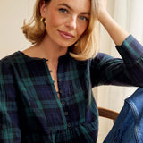 Nell Organic Cotton Checked Blouse in Navy/Green