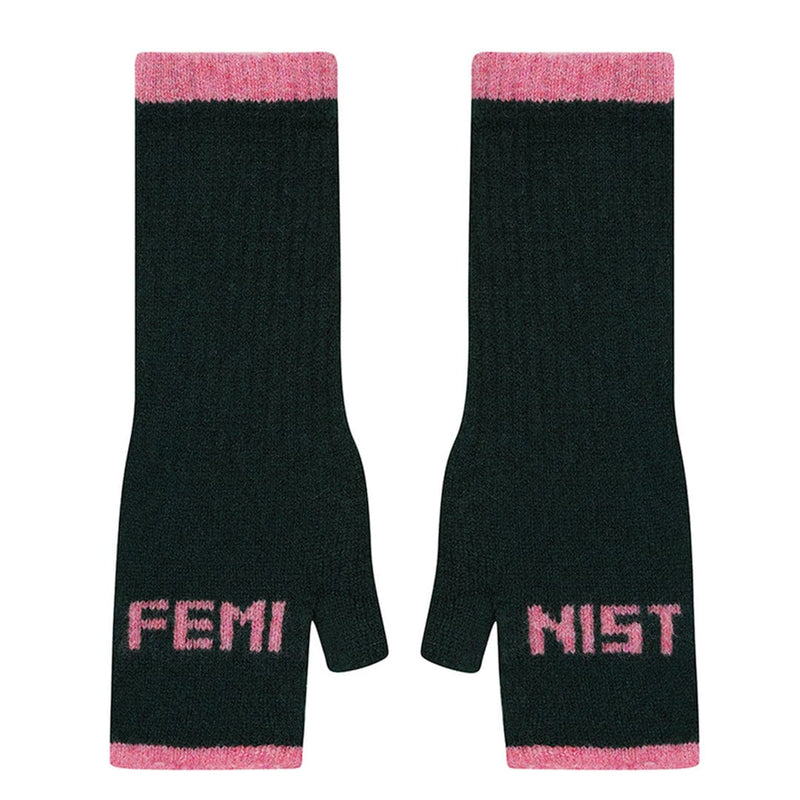 Feminist Fingerless Mittens in Forest Green & French Rose Gloves & Mittens Black & Beech