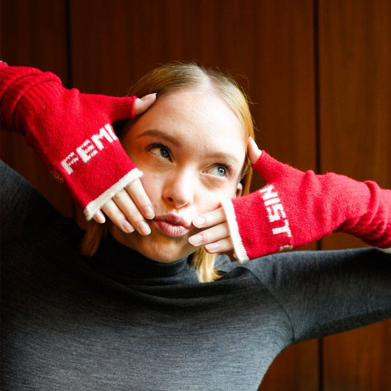 Feminist Fingerless Mittens in Rouge & Ecru Gloves & Mittens Black & Beech