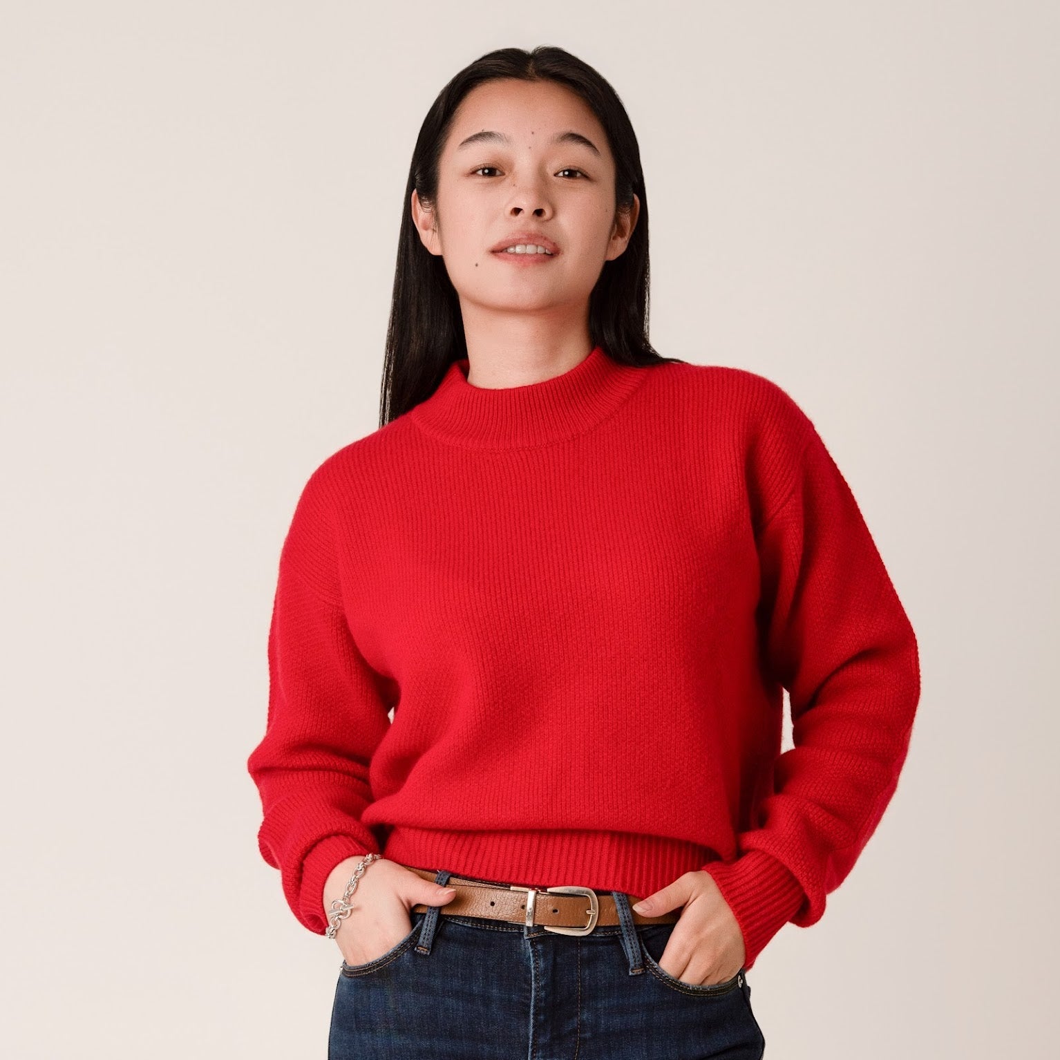 Amy High Neck Cropped Jumper in Red by Porridge Knitwear