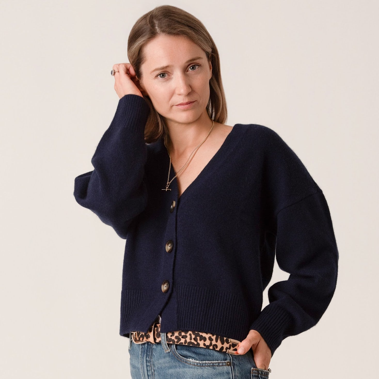 Lucy V-Neck Cropped Cardigan in Navy by Porridge Knitwear