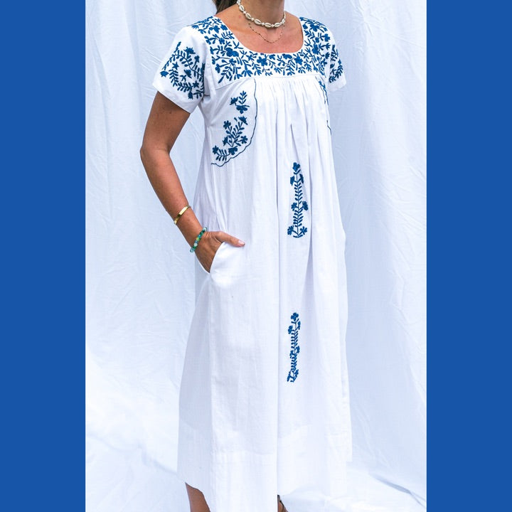 Mexican Embroidered Kaftan in Blue and White by Arifah Studio