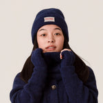 Fluffy inky blue beanie made from alpaca wool with a ribbed knit finish