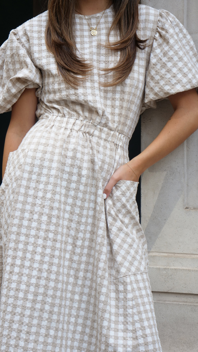 Harlin Curve Sleeve Dress in Beige by Aligne