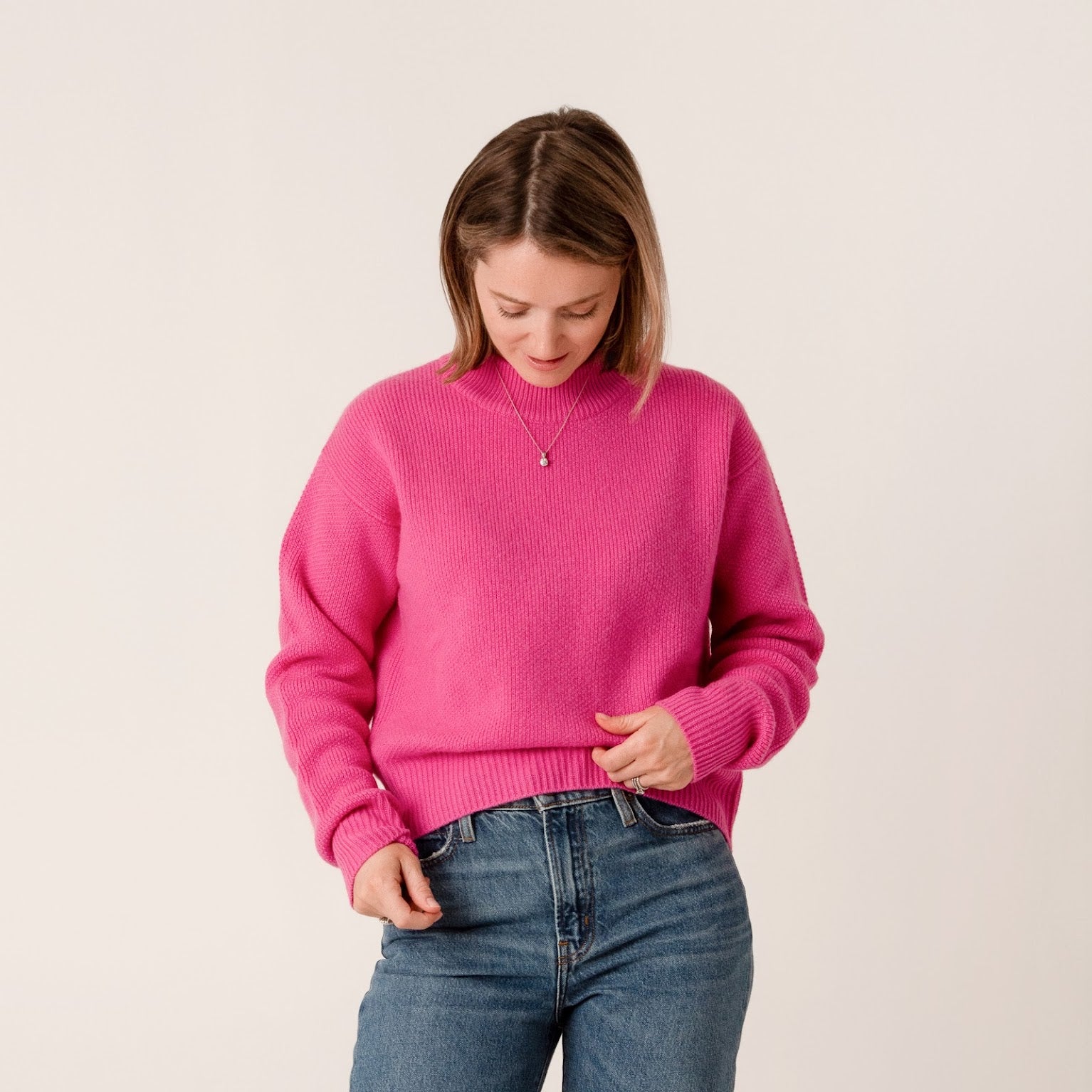Amy High Neck Cropped Jumper in Pink Porridge Knitwear – Percy