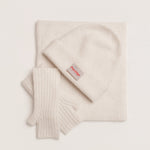 White alpaca snood styled as a fluffy neck warmer