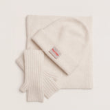 White alpaca snood styled as a fluffy neck warmer