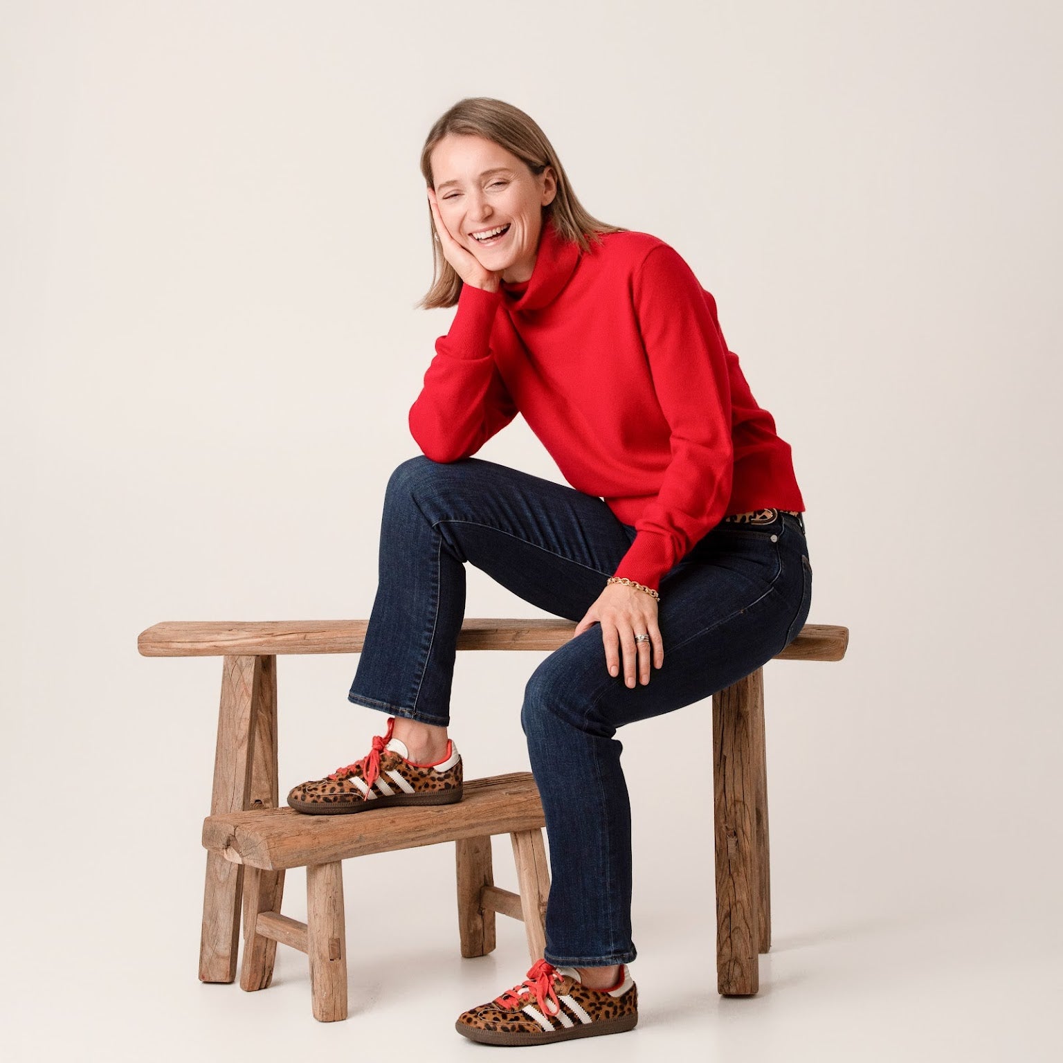 Soft red fine knit cropped jumper with ribbed roll neck