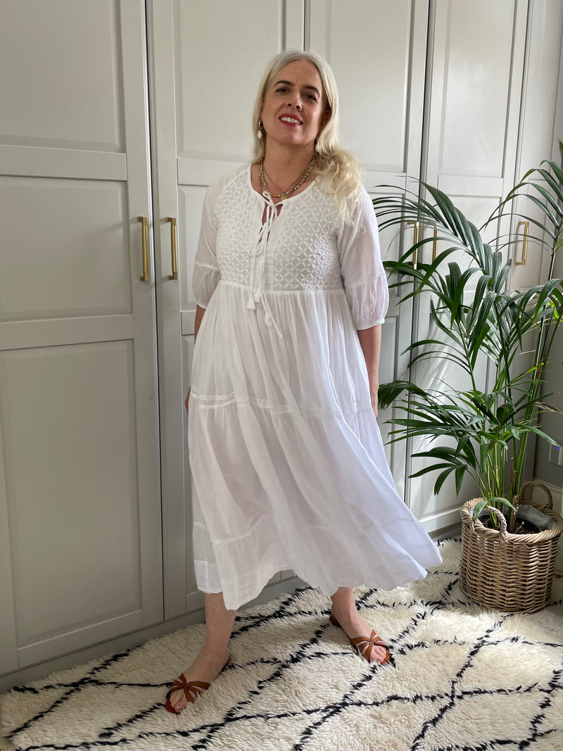 Chikankari-Embroidered Maxi Dress in Jasmine by Dilli Grey