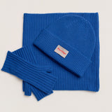 Close-up of chelsea blue wool cashmere beanie with ribbed knit detail