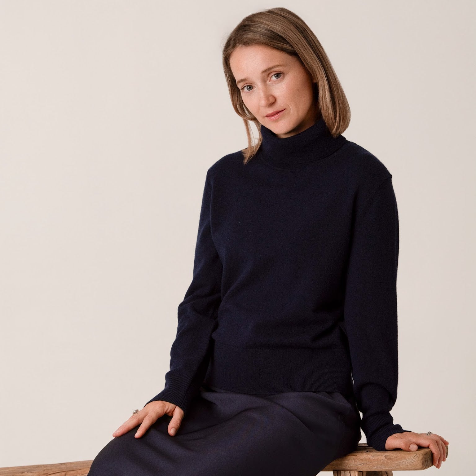Anne Polo Neck Cropped Jumper in Navy by Porridge Knitwear