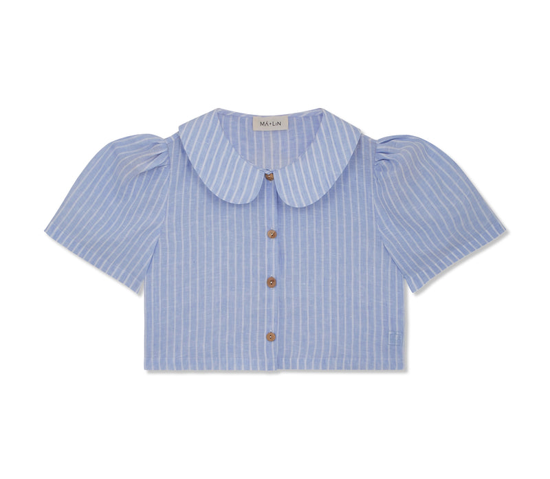 Linen Cropped Blouse in Blue and White Stripe by Ma + Lin