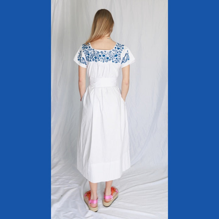 Mexican Embroidered Kaftan in Blue and White by Arifah Studio
