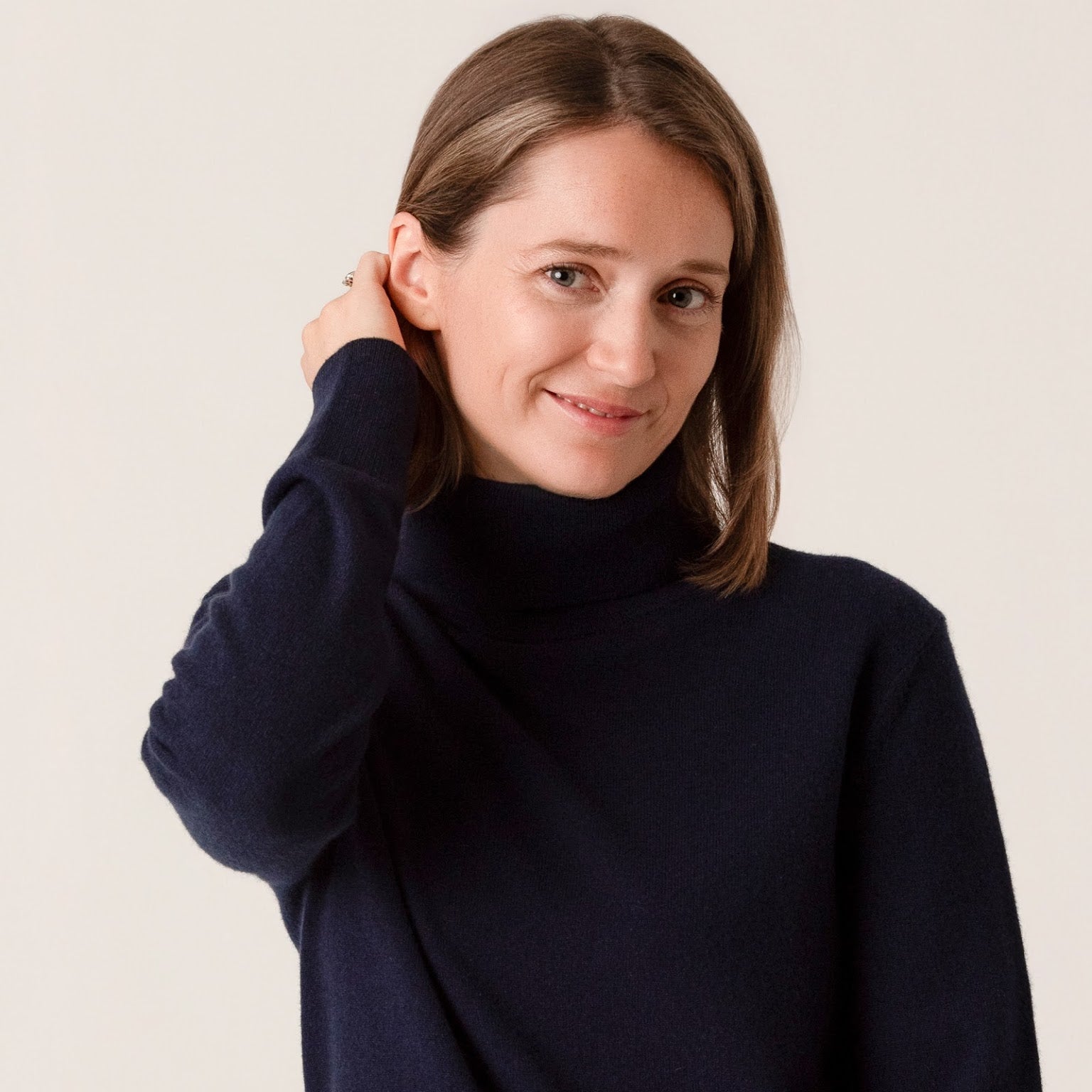 Navy cropped turtleneck jumper made from soft fine gauge wool cashmere