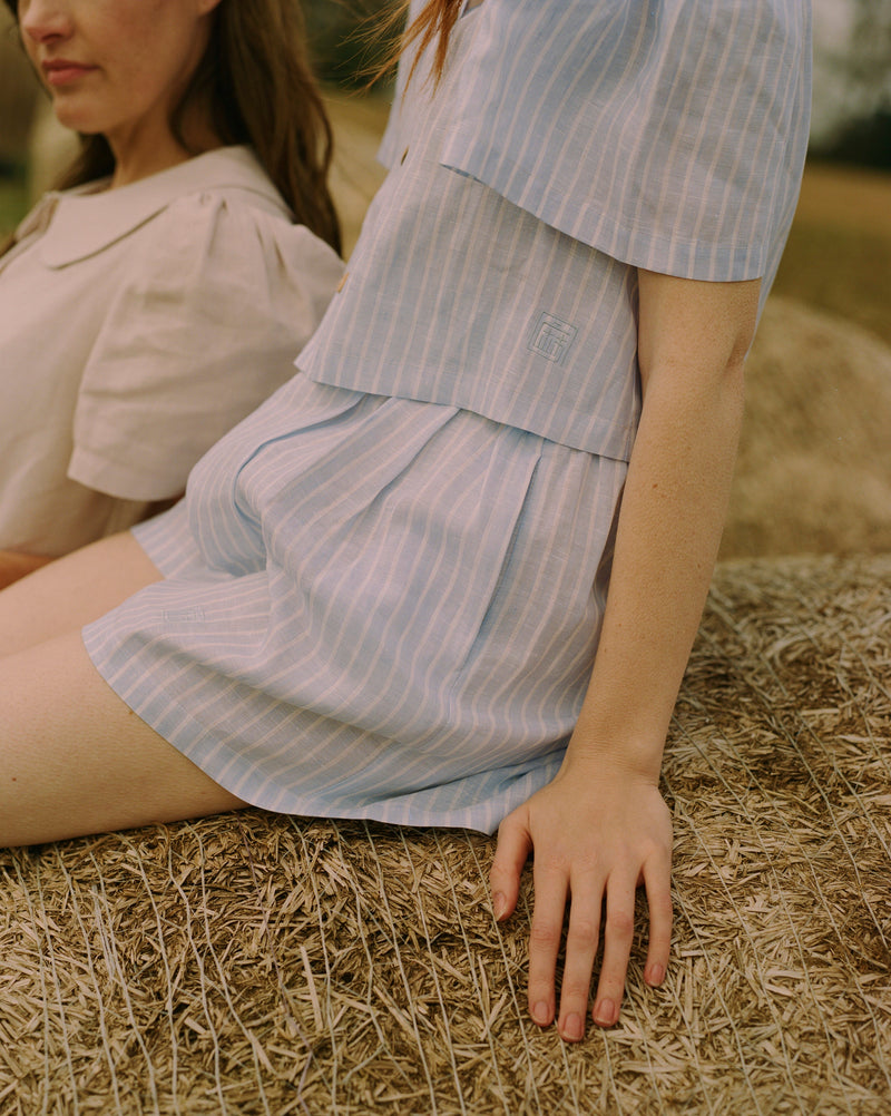 Organic Linen Shorts in Blue Stripe by Ma + Lin