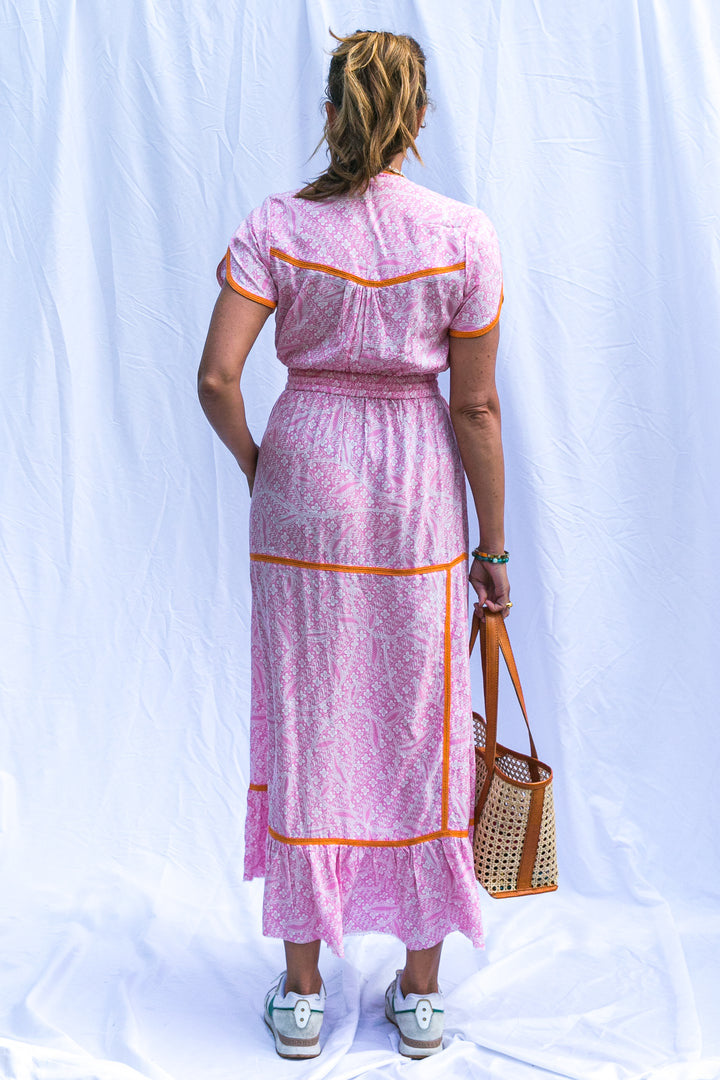 Long Dewi Dress in Pink with Orange Trim by Arifah Studio