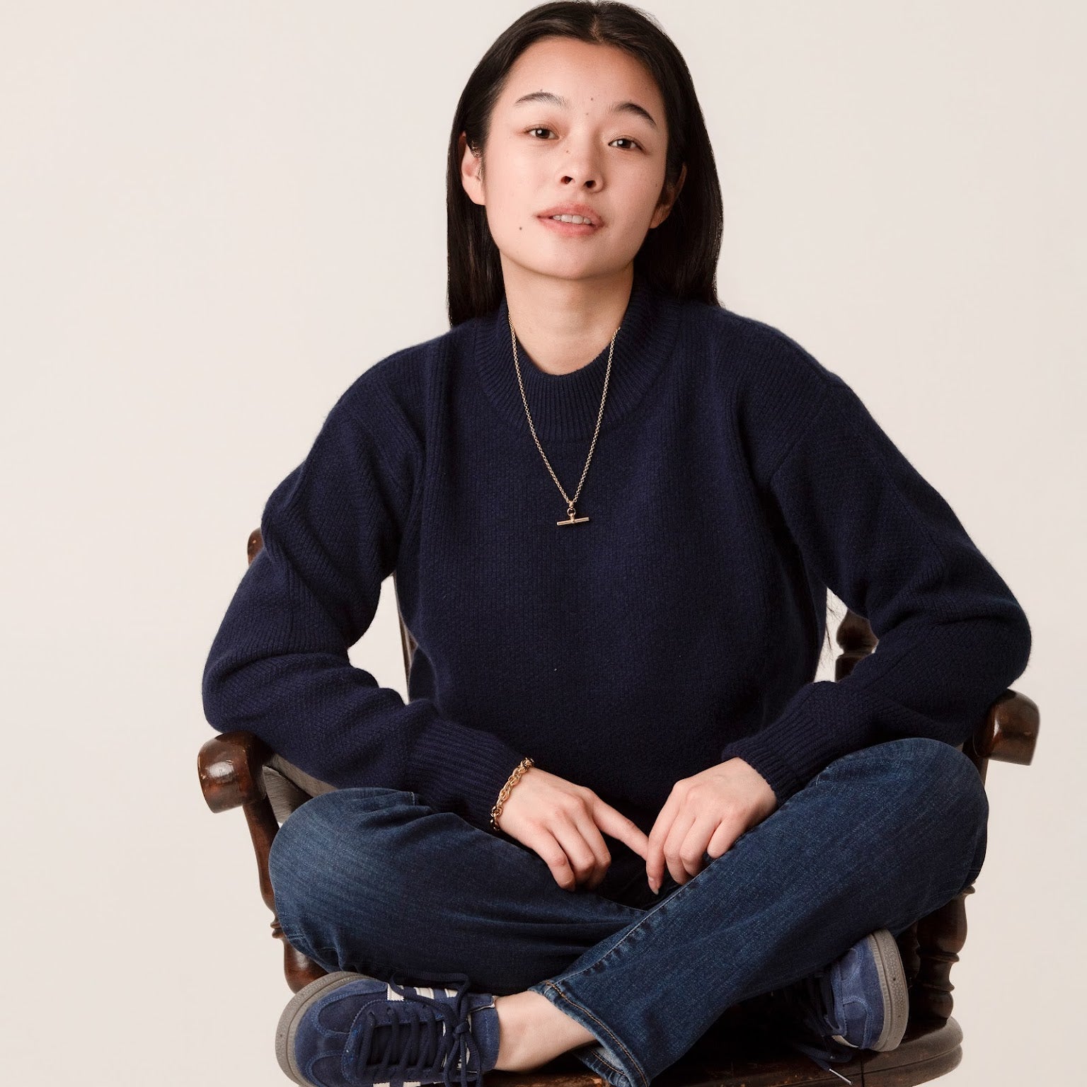 Amy High Neck Cropped Jumper in Navy by Porridge Knitwear
