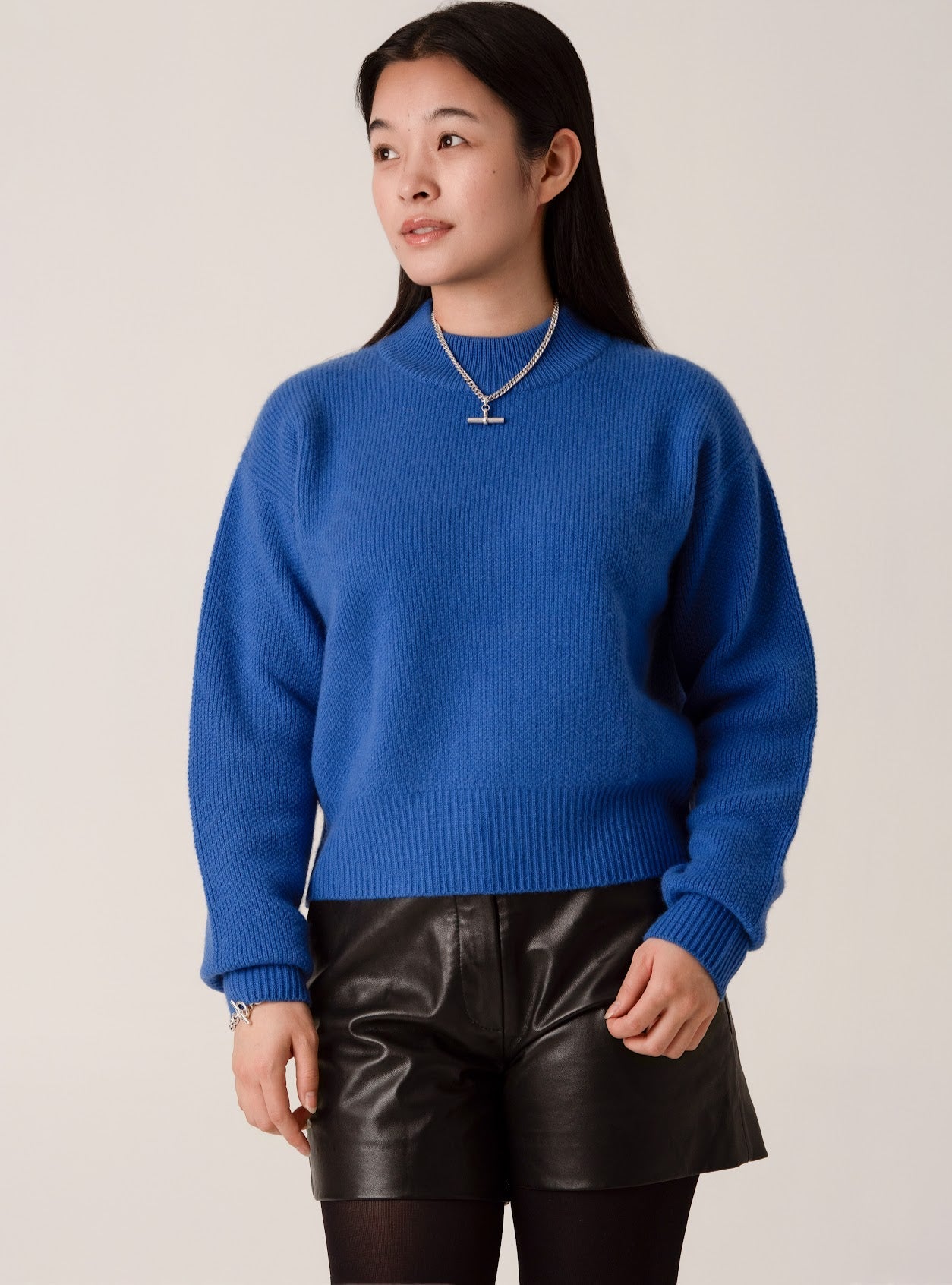 Amy High Neck Cropped Jumper in Blue by Porridge Knitwear