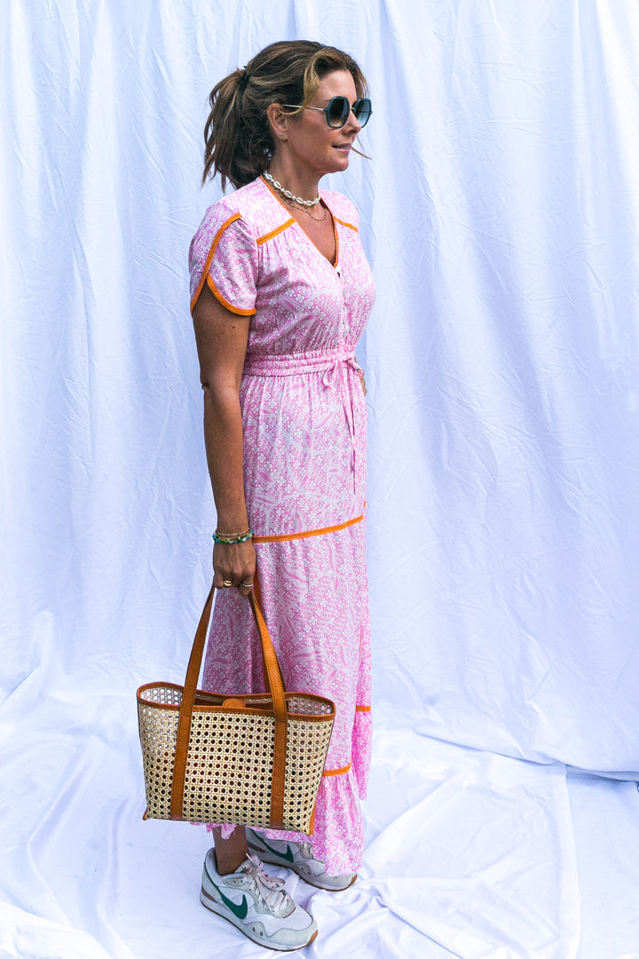 Long Dewi Dress in Pink with Orange Trim by Arifah Studio