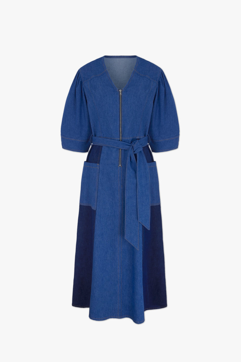 PATCHWORK DENIM DRESS - Blue