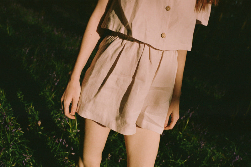 Organic Linen Shorts in Primrose by Ma + Lin