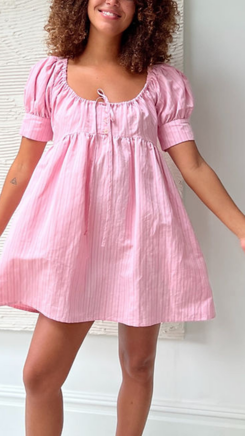 Gaia Mini Dress in Pink Linen Pinstripe by Freya Simonne