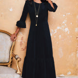 Victoria Round Neck Corduroy Midi Dress in Black