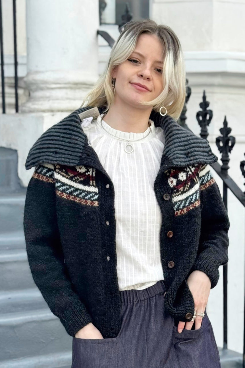 Phoebe Fair Isle Cropped Cardigan in Dark Grey by Indilisi