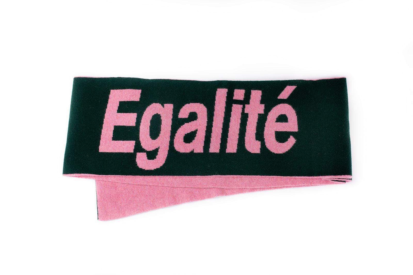 Liberté Egalité Sororité Lambswool Feminist Slogan Scarf Forest Green & French Rose Black & Beech