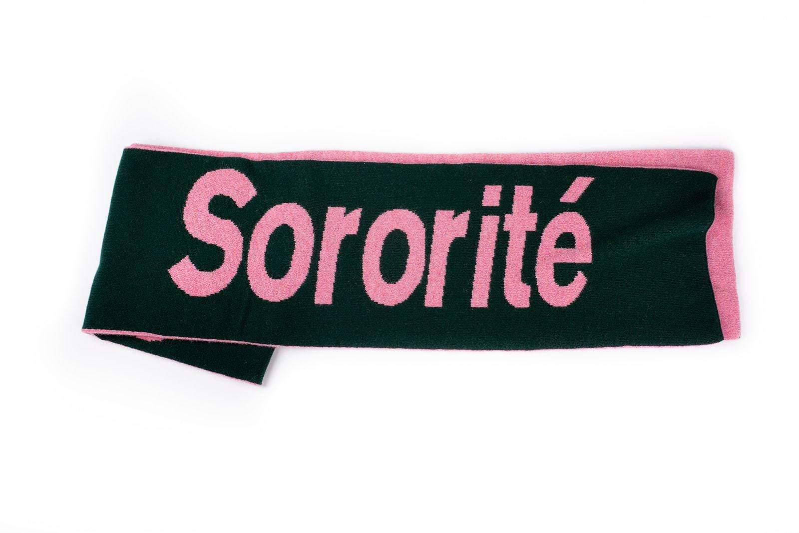 Liberté Egalité Sororité Lambswool Feminist Slogan Scarf Forest Green & French Rose Black & Beech