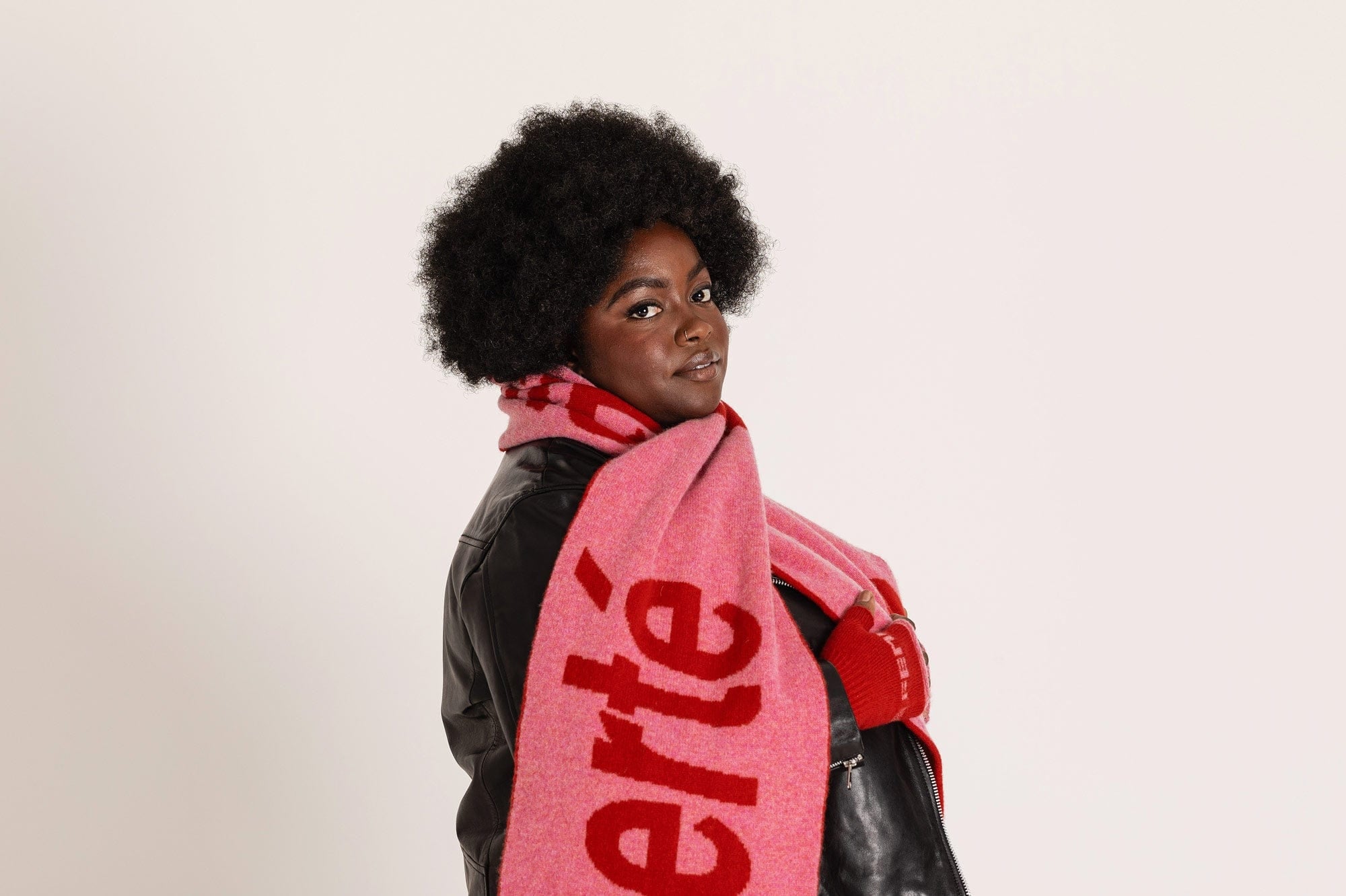 Liberté Egalité Sororité Lambswool Feminist Slogan Scarf in French Rose & Rouge Scarves Black & Beech