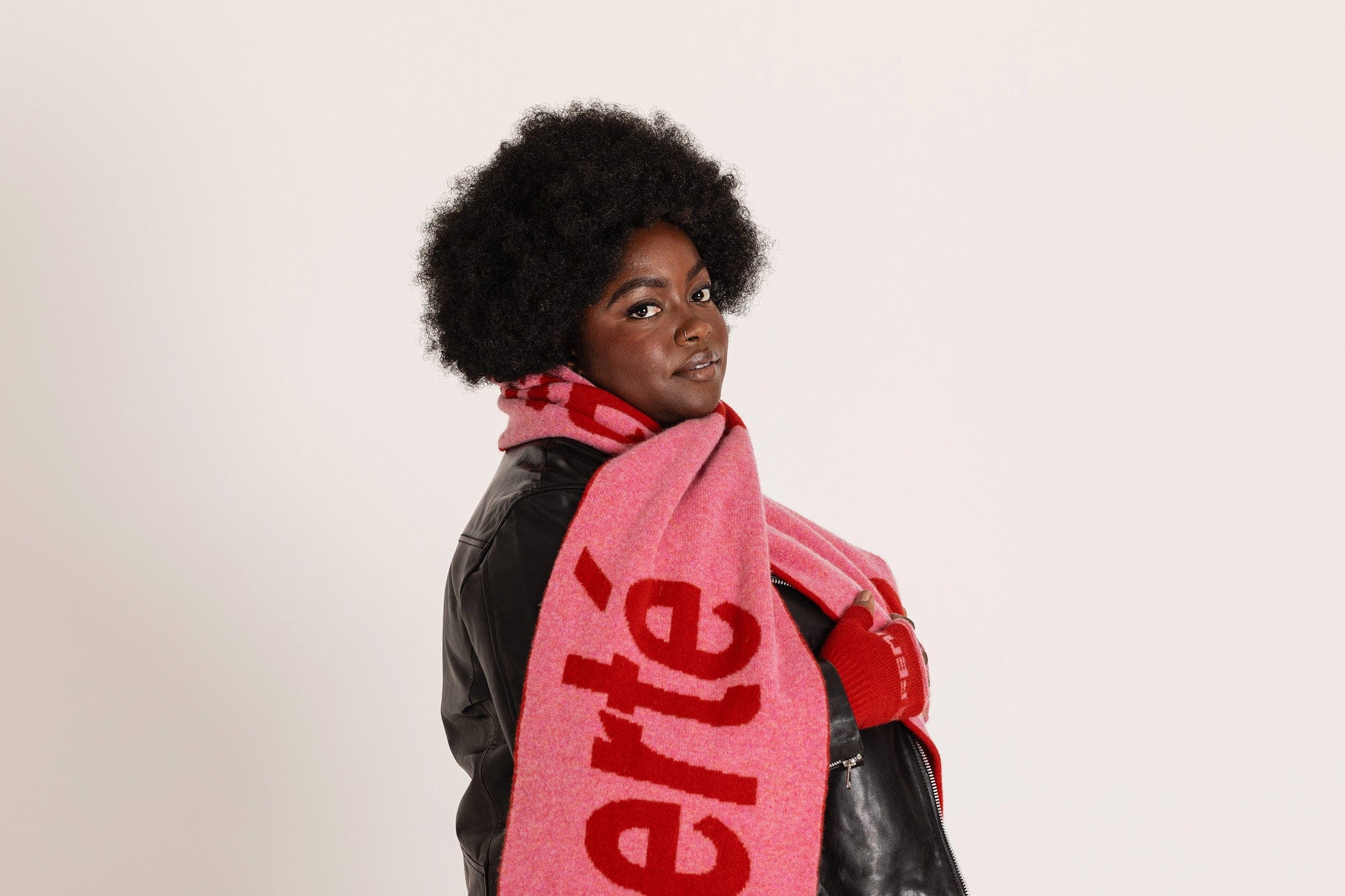 Liberté Egalité Sororité Lambswool Feminist Slogan Scarf in French Rose & Rouge Scarves Black & Beech