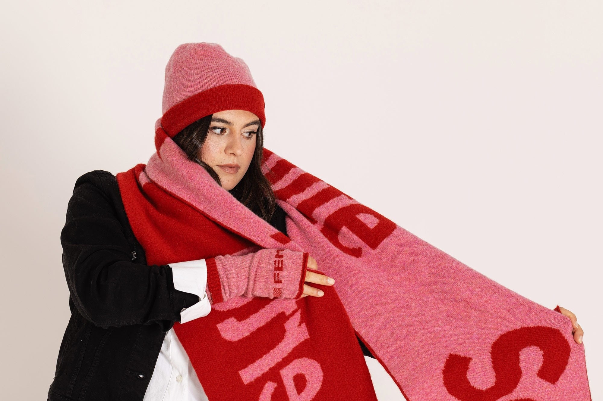 Liberté Egalité Sororité Lambswool Feminist Slogan Scarf in French Rose & Rouge Scarves Black & Beech